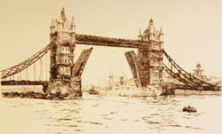 Engraving, Hand coloured restrike engraving, London View, Tower Bridge
