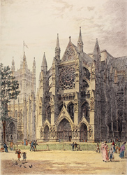 Engraving, Hand coloured restrike engraving, Westminster, North Porch