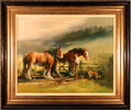 Jacqueline Stanhope, Original oil painting on canvas, Clydesdales and Rough Collie