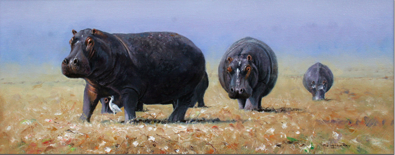 Pip McGarry, Original oil painting on canvas, Chobe River Hippos