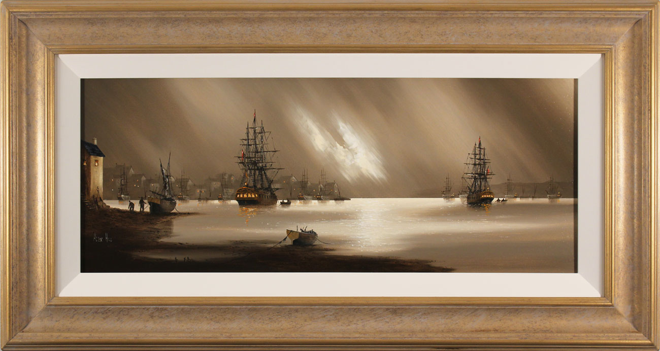 Alex Hill, Original oil painting on canvas, Foggy Evening at Whitby Harbour