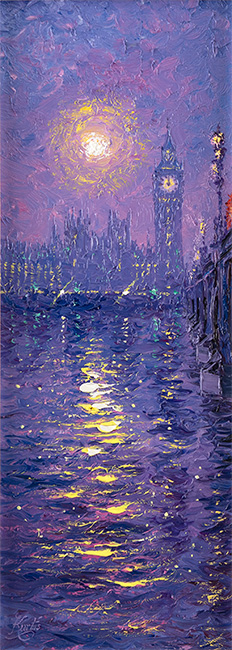 Andrew Grant Kurtis, Original oil painting on panel, Westminster by Moonlight