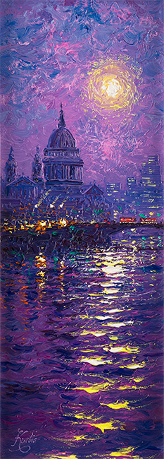 Andrew Grant Kurtis, Original oil painting on panel, Moonlight Sparkle, The Thames