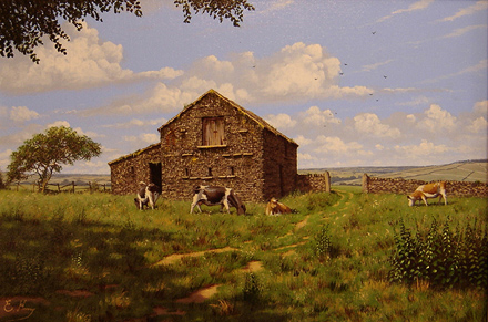 Edward Hersey, Cows and Barn, Original Oil Painting