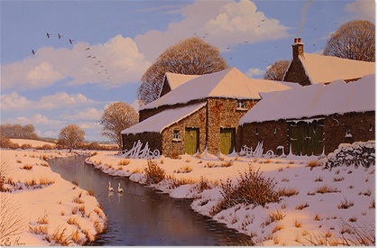 Edward Hersey, Farm Snow Scene, Original Oil Painting