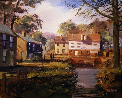 John Haskins, Village Scened. Original Oil Painting on Canvas