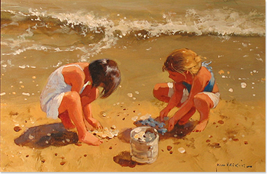 John Haskins - Beach Scene, Original Oil Painting