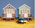 Linda Monk, Original oil painting on canvas, Beach Huts and Boat