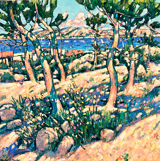 Terence Clarke, Original oil painting on canvas, Pines by the Lake, Spain