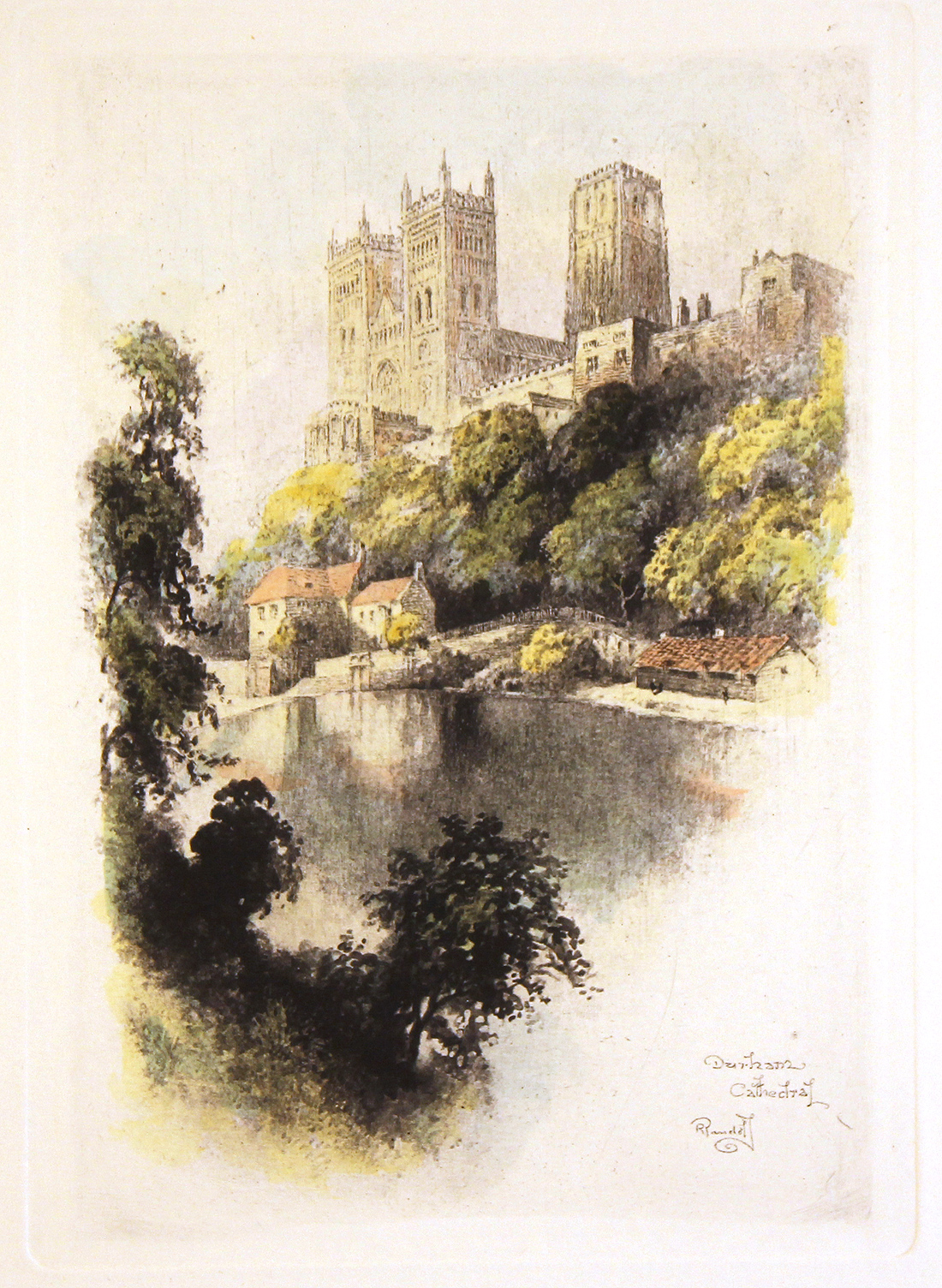 Engraving Hand coloured restrike engraving, Durham Cathedral , Art to