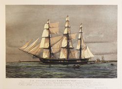 Engraving, Hand coloured restrike engraving, The Constitution (Old Ironsides) Medium image. Click to enlarge