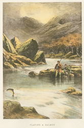 Engraving, Hand coloured restrike engraving, Playing a Salmon Medium image. Click to enlarge