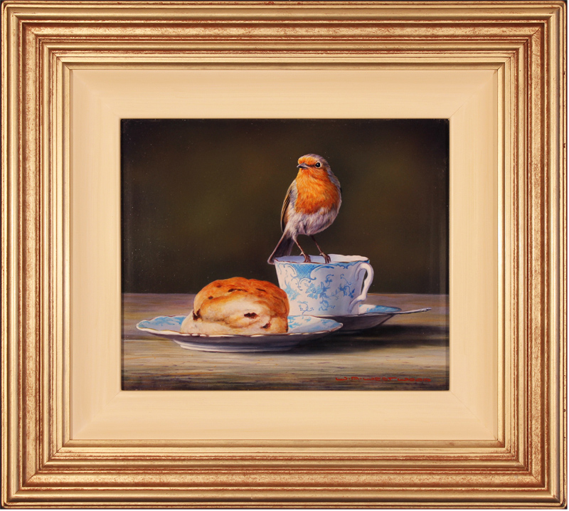 Wayne Westwood, Original oil painting on panel, Robin on a Teacup