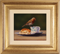 Wayne Westwood, Original oil painting on panel, Robin on a Tea Cup Medium image. Click to enlarge