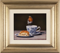 Wayne Westwood, Original oil painting on panel, Robin on a Tea Cup Medium image. Click to enlarge