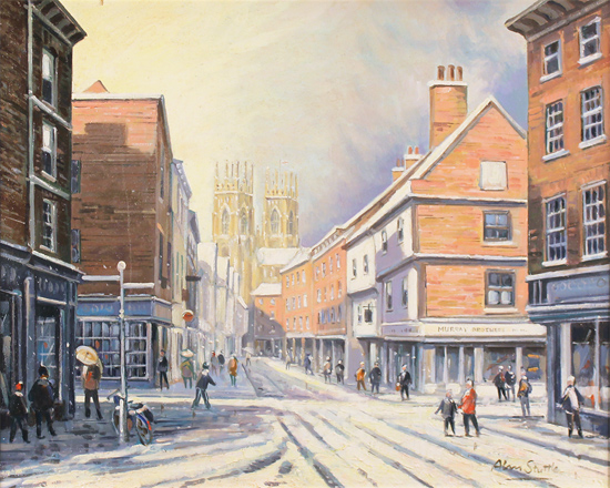 Alan Stuttle, Original oil painting on canvas, Low Petergate to the Minster, York