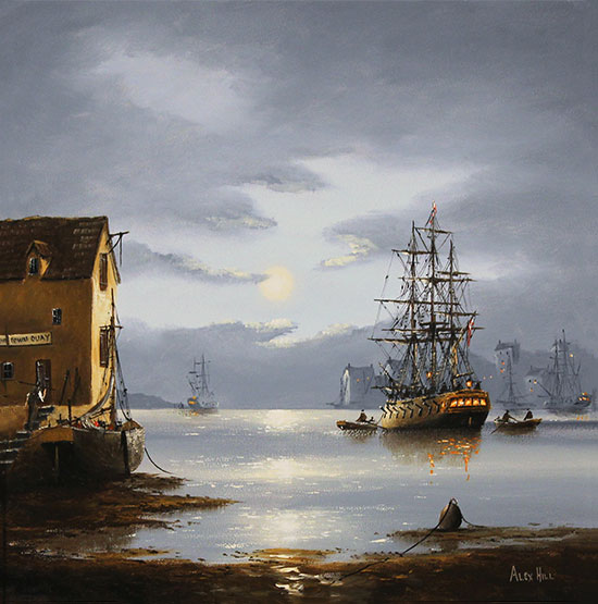 Alex Hill, Original oil painting on panel, Moonlight Mooring No frame image. Click to enlarge