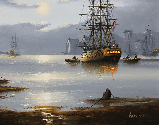 Alex Hill, Original oil painting on panel, Moonlight Mooring Signature image. Click to enlarge