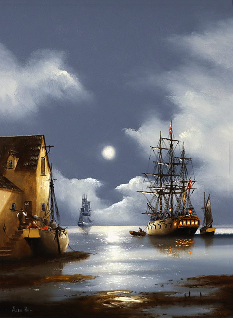 Alex Hill, Original oil painting on panel, Moonlight Harbour No frame image. Click to enlarge