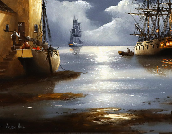 Alex Hill, Original oil painting on panel, Moonlight Harbour Signature image. Click to enlarge