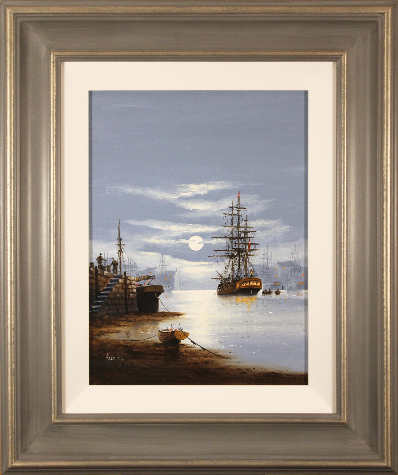 Alex Hill, Original oil painting on canvas, Night at the Docks