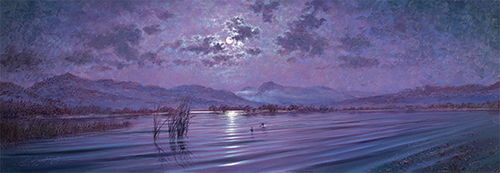 Andrew Grant Kurtis, Original acrylic painting on board, Moonlight Calm across Langdale Pikes