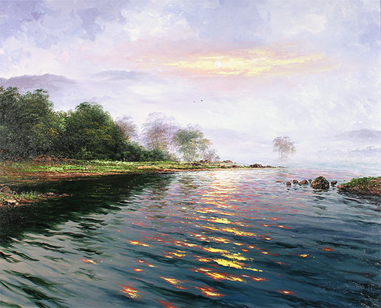 Andrew Grant Kurtis, Original oil painting on canvas, Morning Mist Across Derwentwater No frame image. Click to enlarge