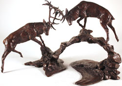 Michael Simpson, Bronze, Rutting Stags Over Water Medium image. Click to enlarge