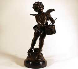 Bronze Statue, Bronze, Cherub with Drum, with marble base Medium image. Click to enlarge
