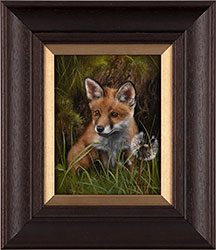 Carl Whitfield, Original oil painting on panel, Fox Cub with Dandelion  Medium image. Click to enlarge