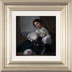 Caroline Richardson, Original oil painting on canvas, Girl in Blue Dress with Peonies Medium image. Click to enlarge