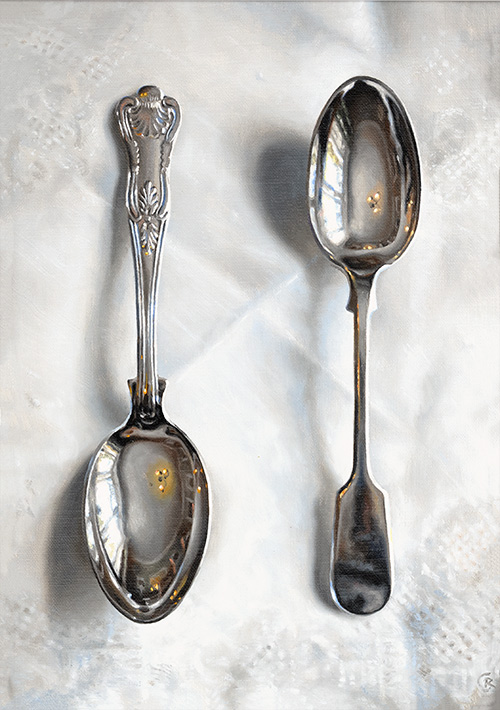 Caroline Richardson, Original oil painting on canvas, Silver Spoons