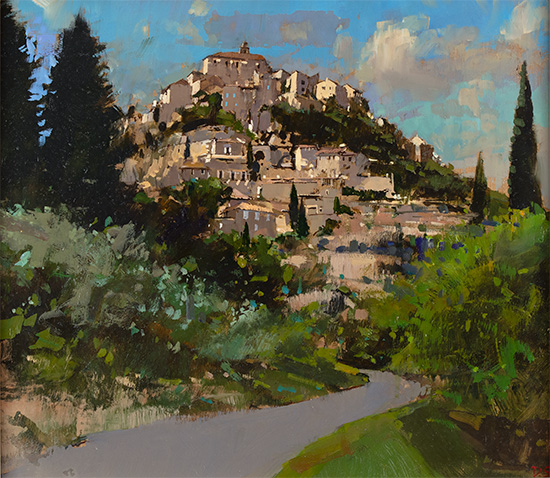 David Sawyer, RBA, Original oil painting on panel, Gordes from Route des Trois Soldats (The Road of three Soldiers)