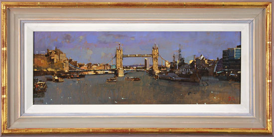 David Sawyer, RBA, Original oil painting on panel, Tower Bridge and HMS Belfast