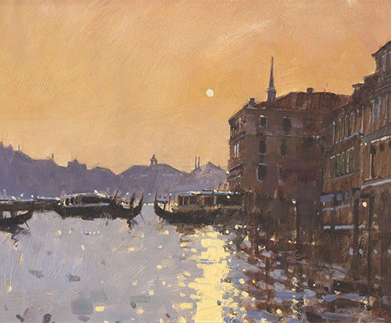 David Sawyer, RBA, Original oil painting on panel, Sunset Reflections, Grand Canal, Venice