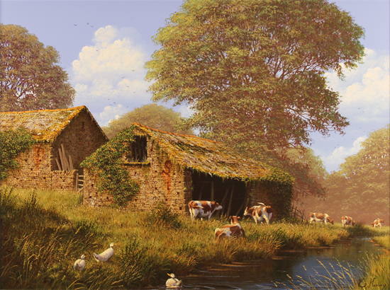 Edward Hersey, Original oil painting on canvas, Grazing by the River, The Cotswolds No frame image. Click to enlarge