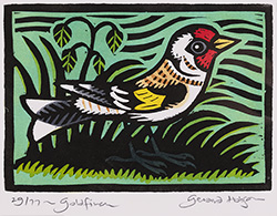 Gerard Hobson, Original linocut print, Goldfinch (green background)