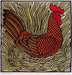 Gerard Hobson, Original linocut print, Brooding Hen Medium image. Click to enlarge