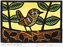 Gerard Hobson, Original linocut print, Wren and Peas