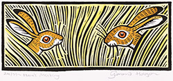 Gerard Hobson, Original linocut print, Hare's Meeting