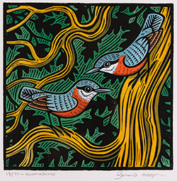 Gerard Hobson, Original linocut print, Nuthatches Medium image. Click to enlarge
