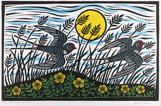 Gerard Hobson, Original linocut print, Alnmouth Swallows
