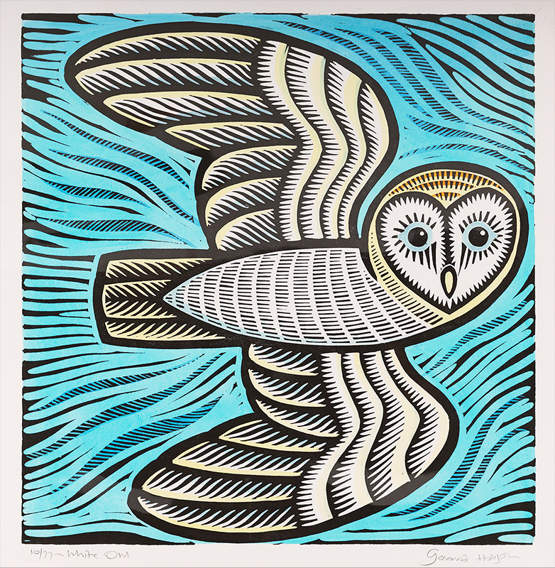 Gerard Hobson, Original linocut print, White Owl
