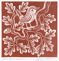 Gerard Hobson, Original linocut print, Wren and Acorn