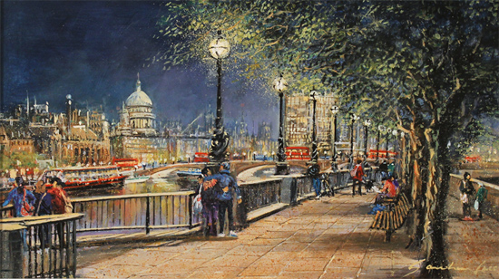 Gordon Lees, Original oil painting on panel, Queen's Walk, London
