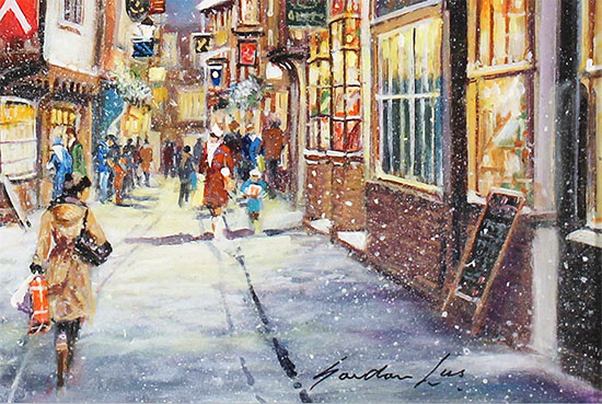 Gordon Lees, Original oil painting on panel, Snowfall on the Shambles Signature image. Click to enlarge