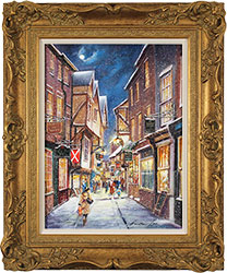 Gordon Lees, Original oil painting on panel, Snowfall on the Shambles Medium image. Click to enlarge