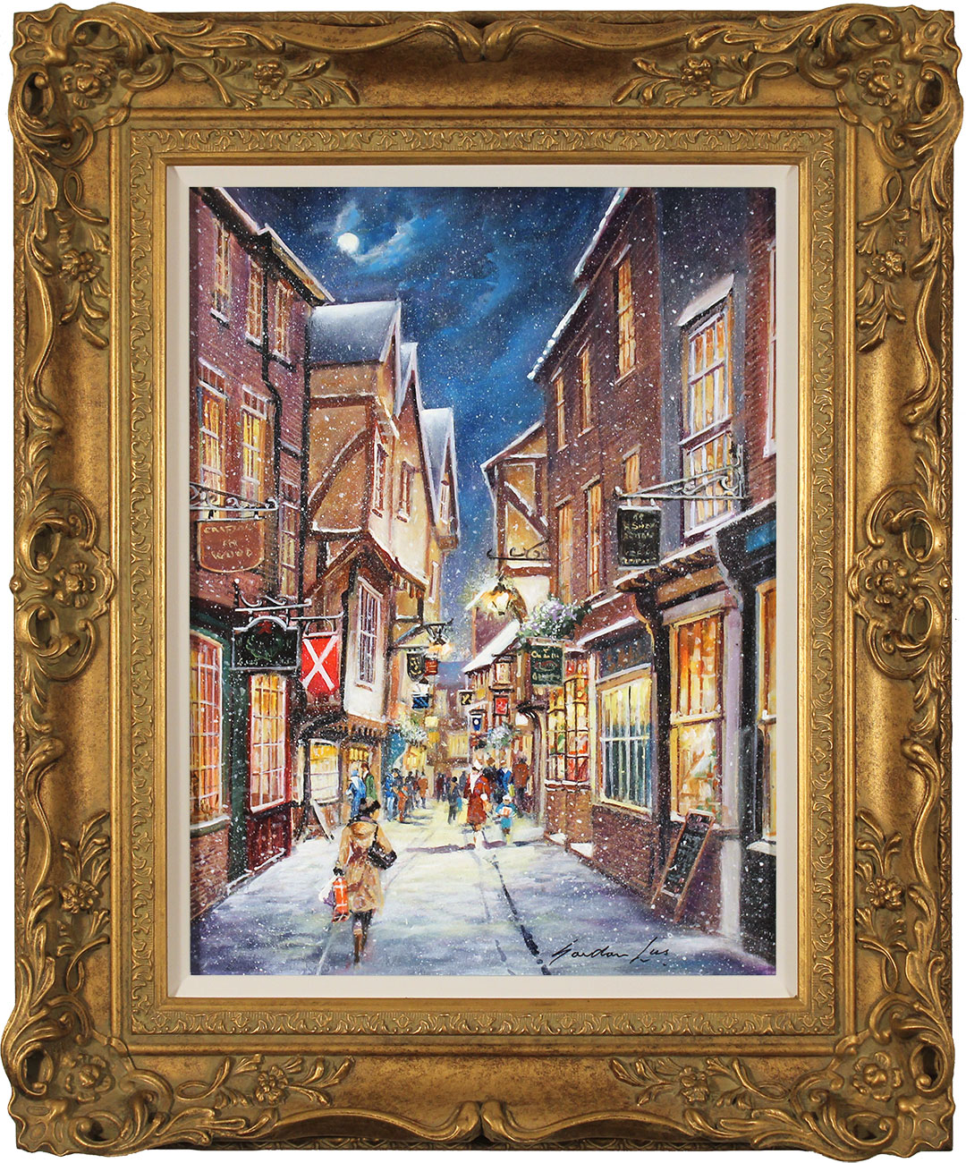 Gordon Lees, Original oil painting on panel, Snowfall on the Shambles Click to enlarge