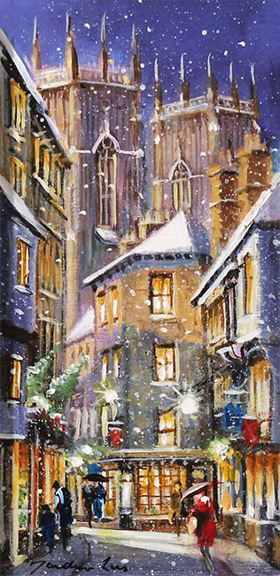 Gordon Lees, Original oil painting on panel, Snowfall on Low Petergate, York No frame image. Click to enlarge