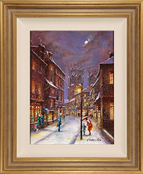 Gordon Lees, Original oil painting on panel, Sunset Snowfall, Low Petergate, York Medium image. Click to enlarge